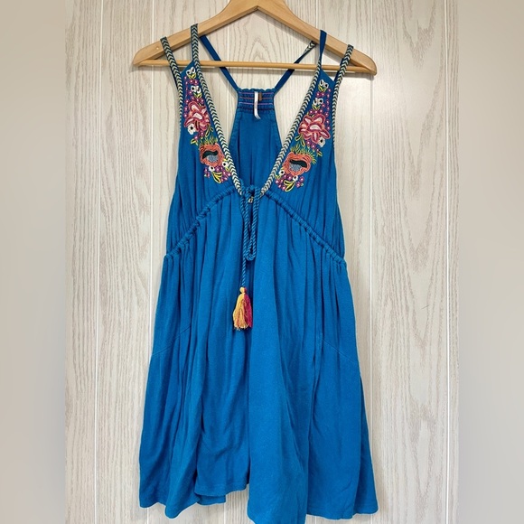 Free People Lovers Cover Turquoise Teal Embroidered Tassel Racerback Dress S/P - Picture 5 of 5